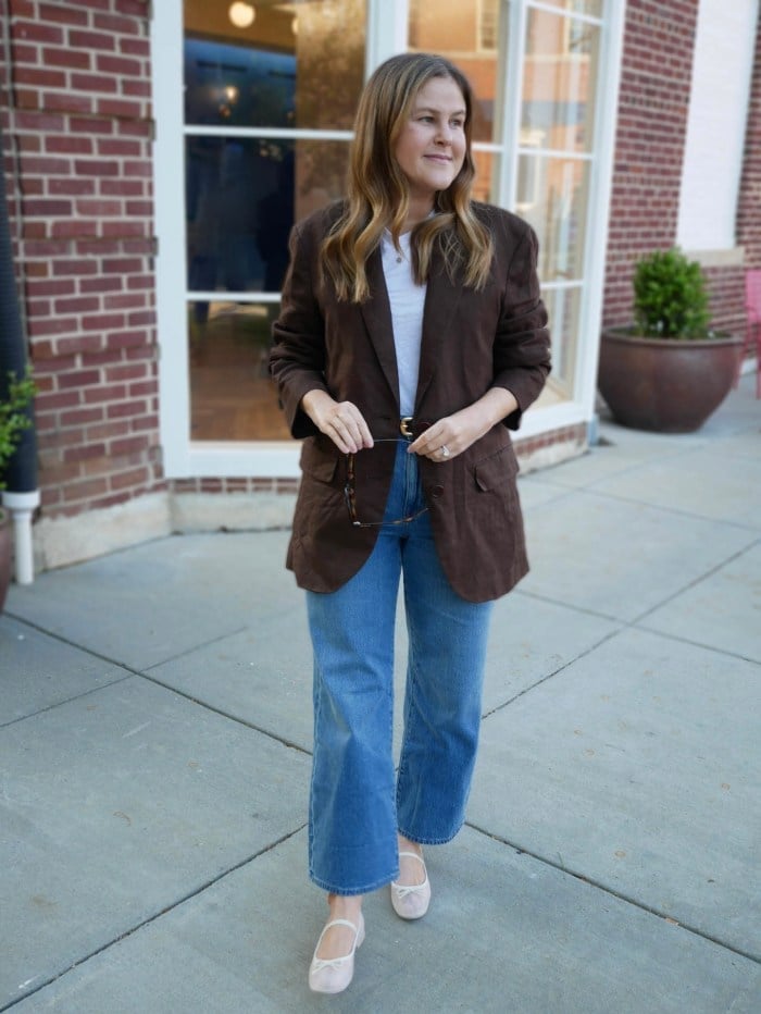 Dark Brown Linen Blazer with White Tee and Blue Jeans — Brown Blazer Outfit