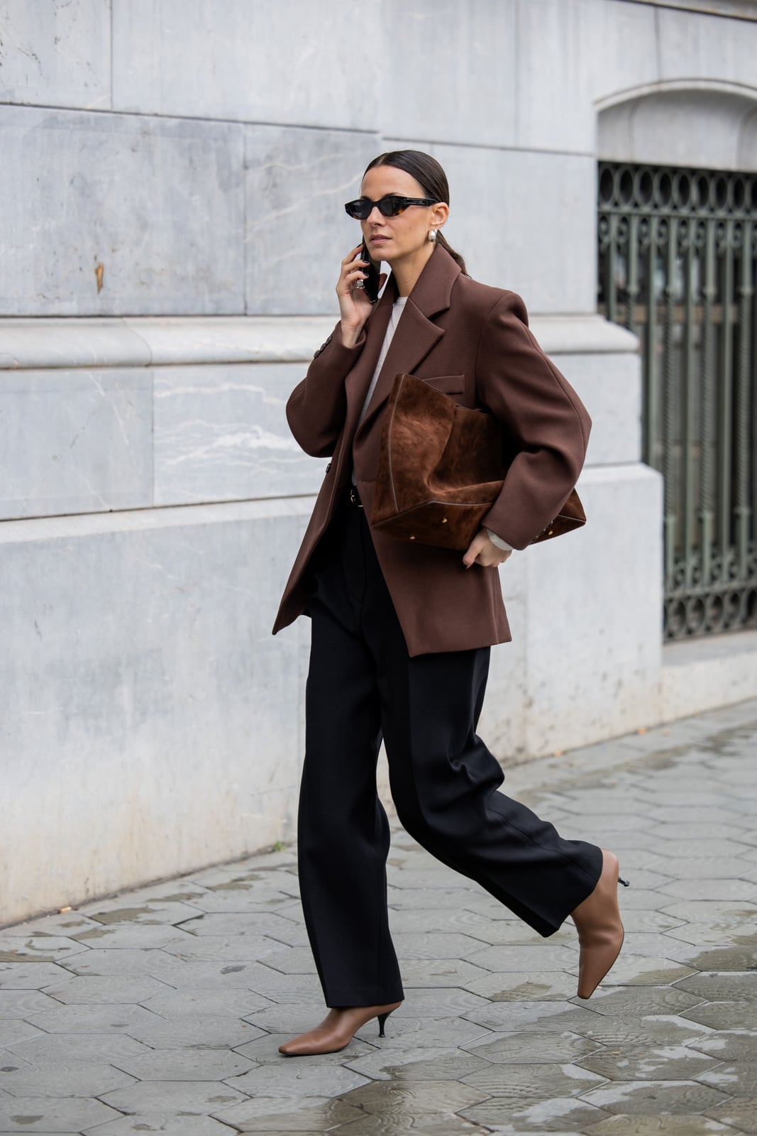 Casual Brown Blazer with White Top and Black Trousers — Brown Blazer Outfit