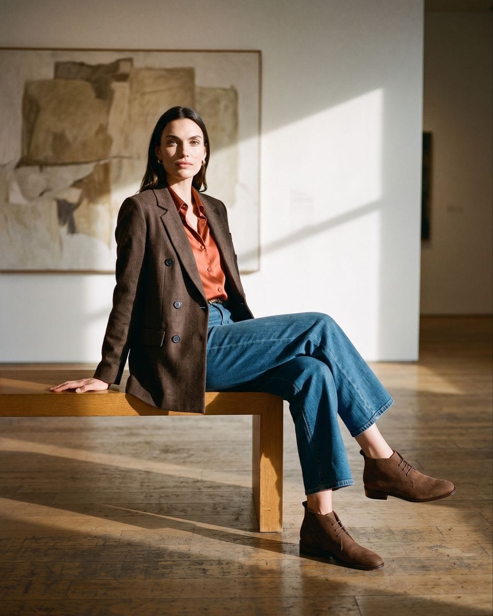 Fitted Double-Breasted Blazer with Terracotta Blouse — Brown Blazer Outfit