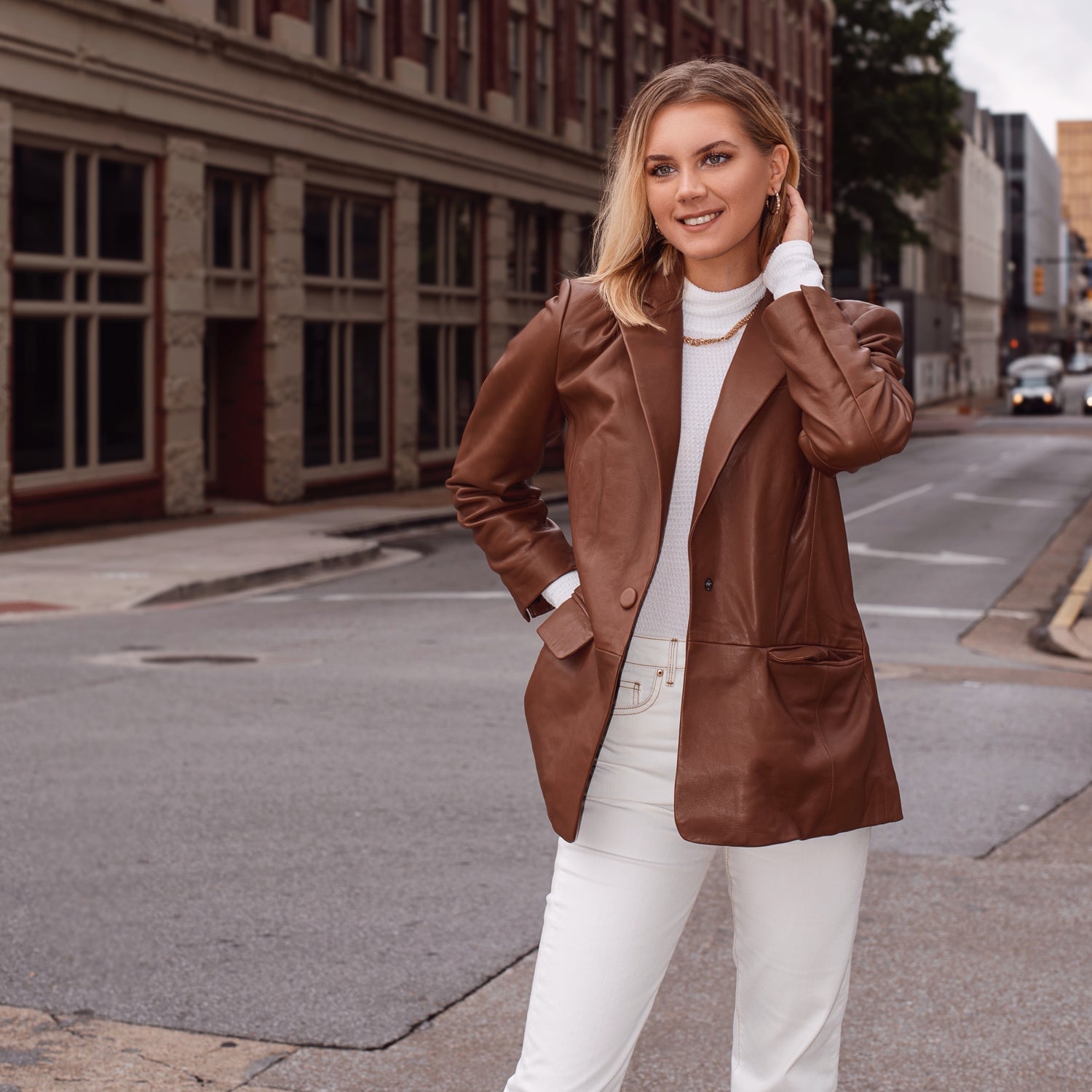 Rich Brown Leather Blazer with Slim White Jeans — Brown Blazer Outfit