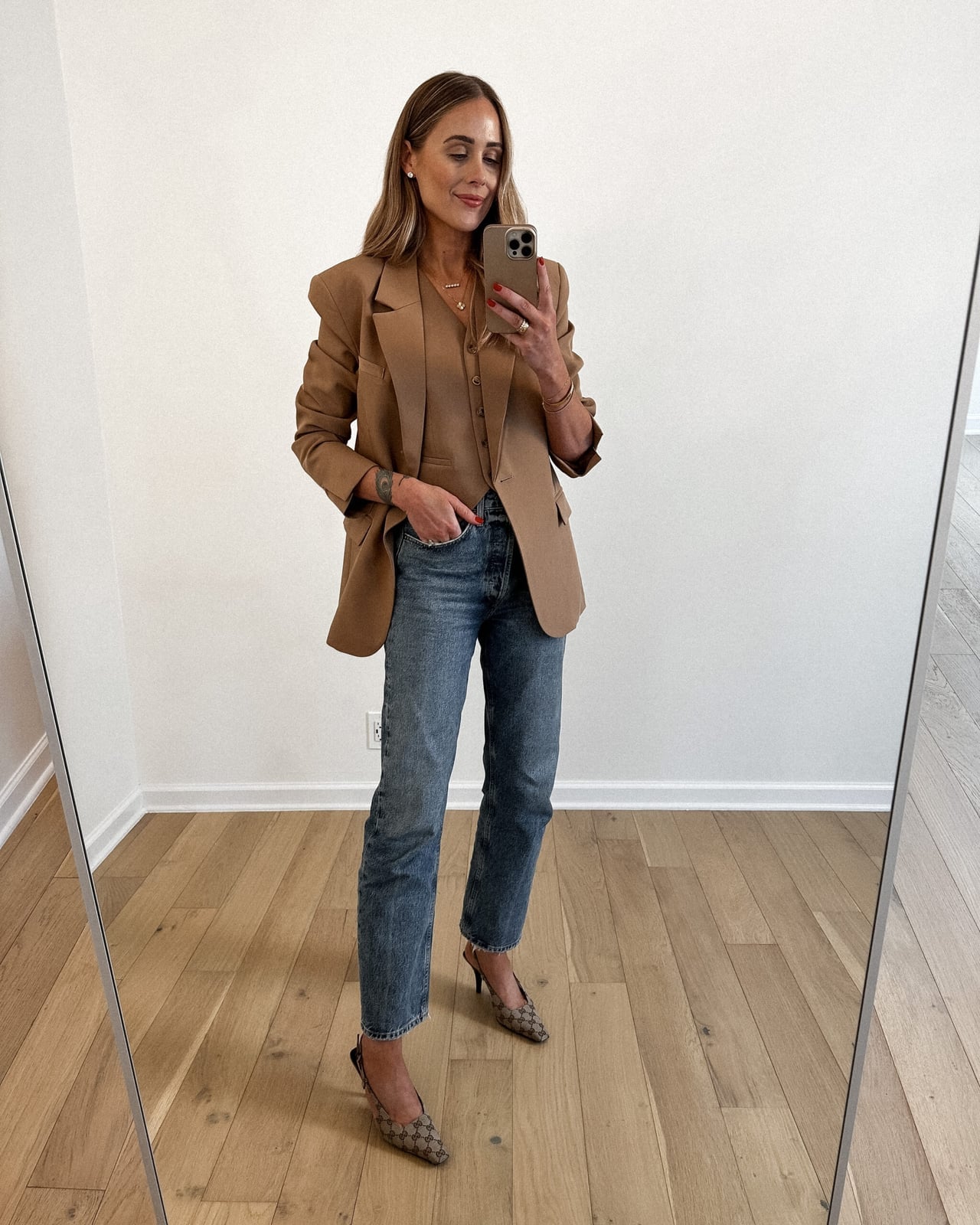 Camel Blazer Layered Over a Matching Button-Up Shirt — Brown Blazer Outfit