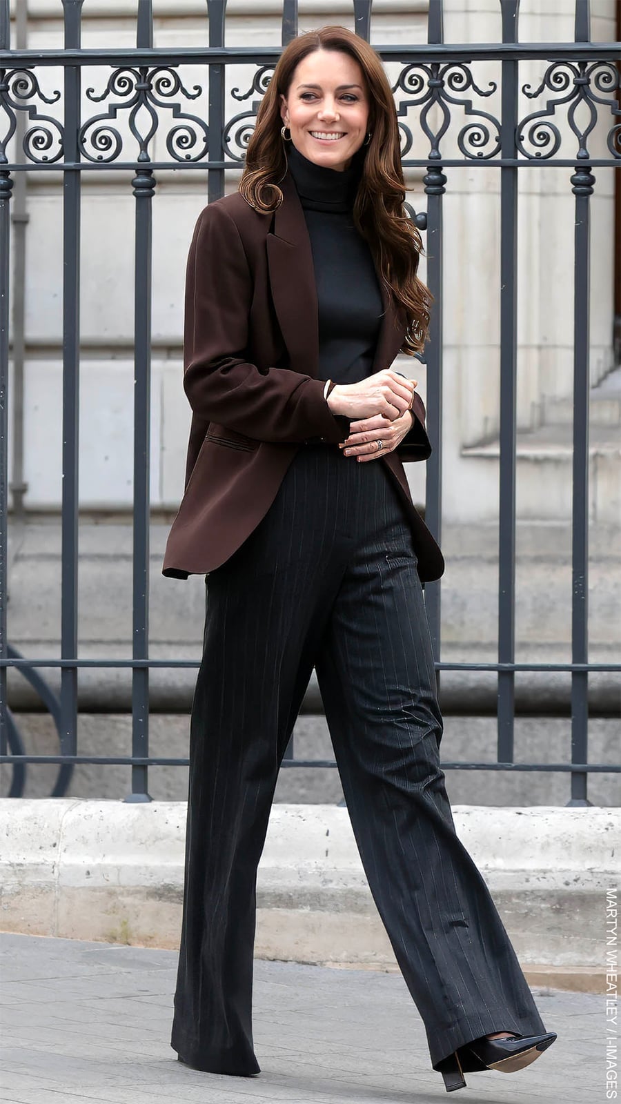 Tailored Brown Blazer with Black Turtleneck and Pinstripes — Brown Blazer Outfit