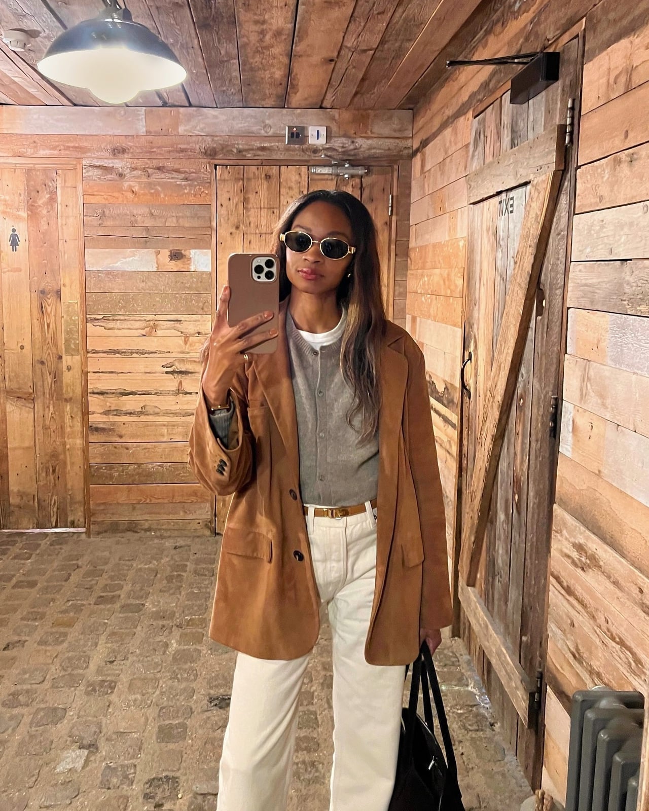 Brown Suede Blazer with Gray Cardigan and White Trousers — Brown Blazer Outfit