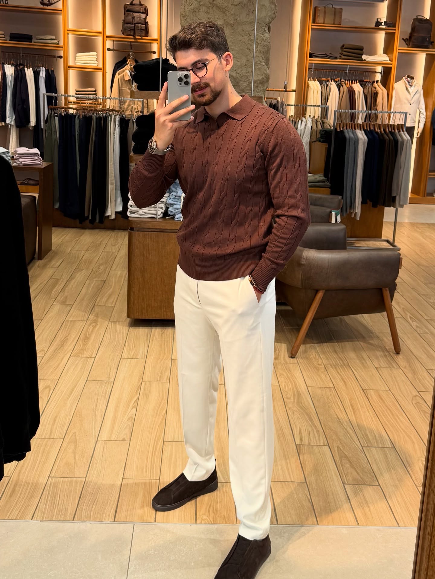 Brown Cable Knit Polo With Cream Wide Leg Trousers