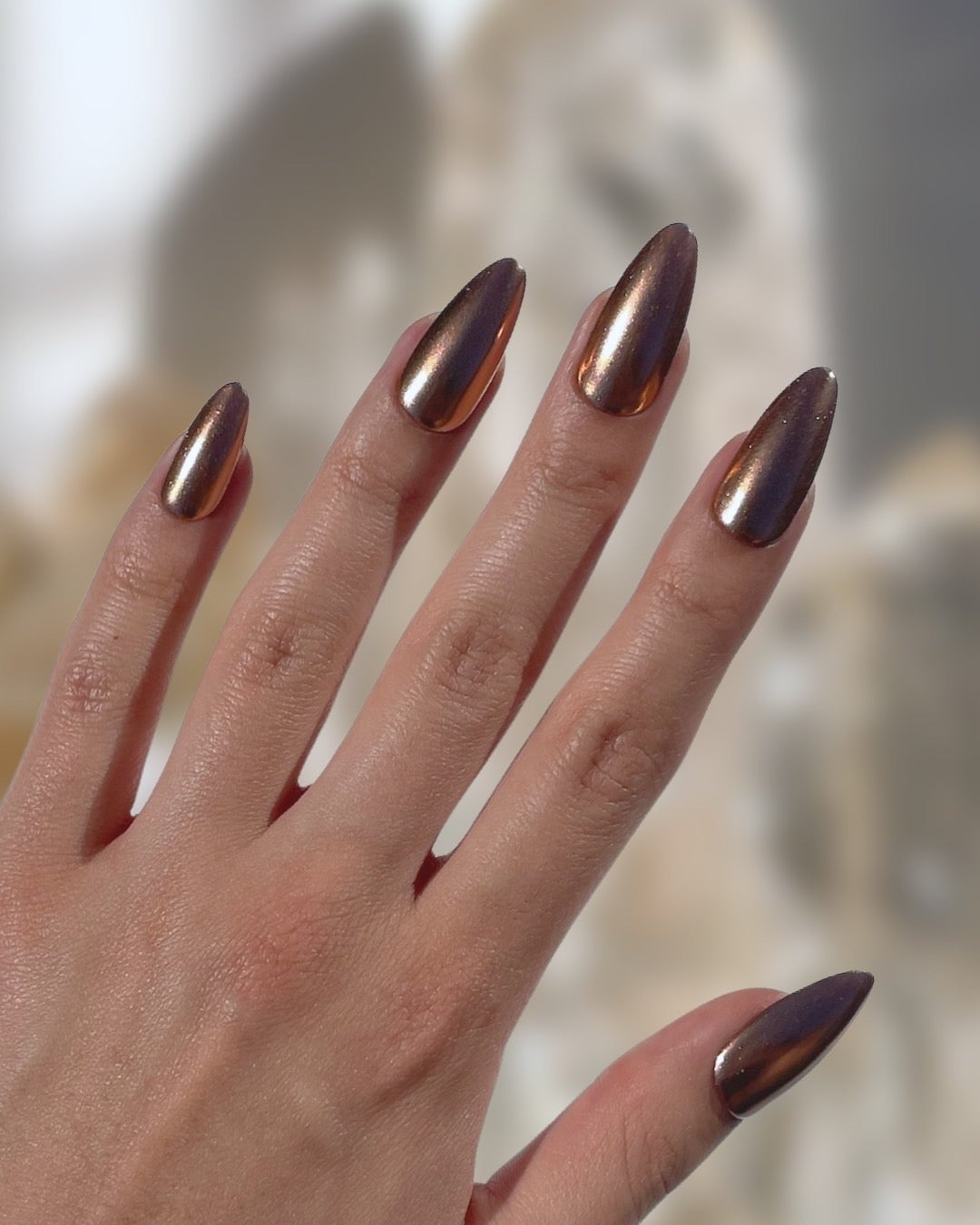 Rich Brown Chrome Long Almond Nails — Brown Chrome Nails