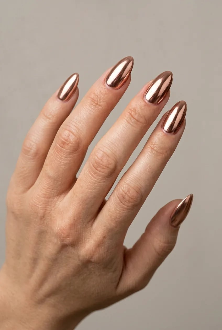 Flawless Copper Chrome Medium Almond Nails — Brown Chrome Nails