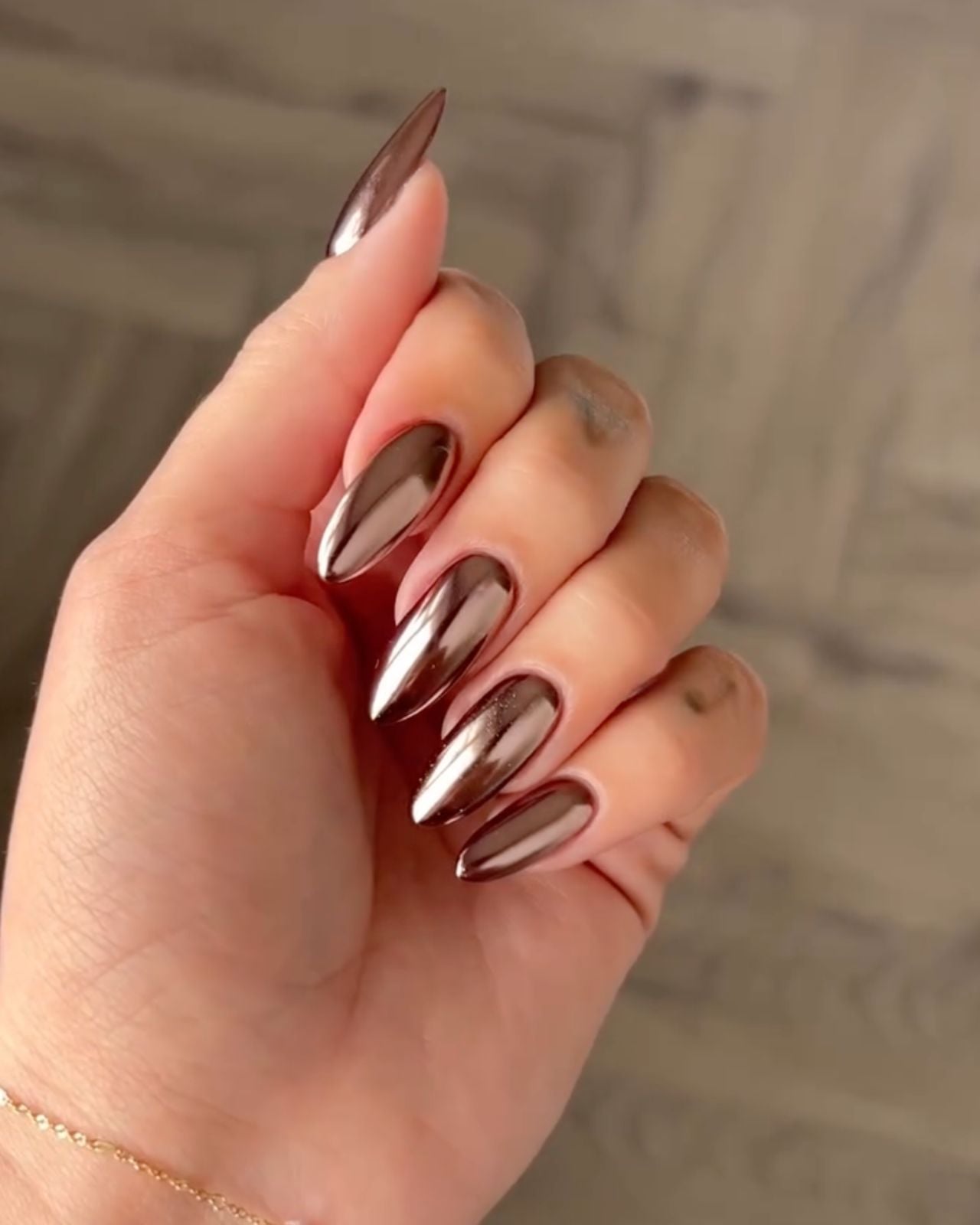 Medium Brown Chrome Medium Almond Nails — Brown Chrome Nails