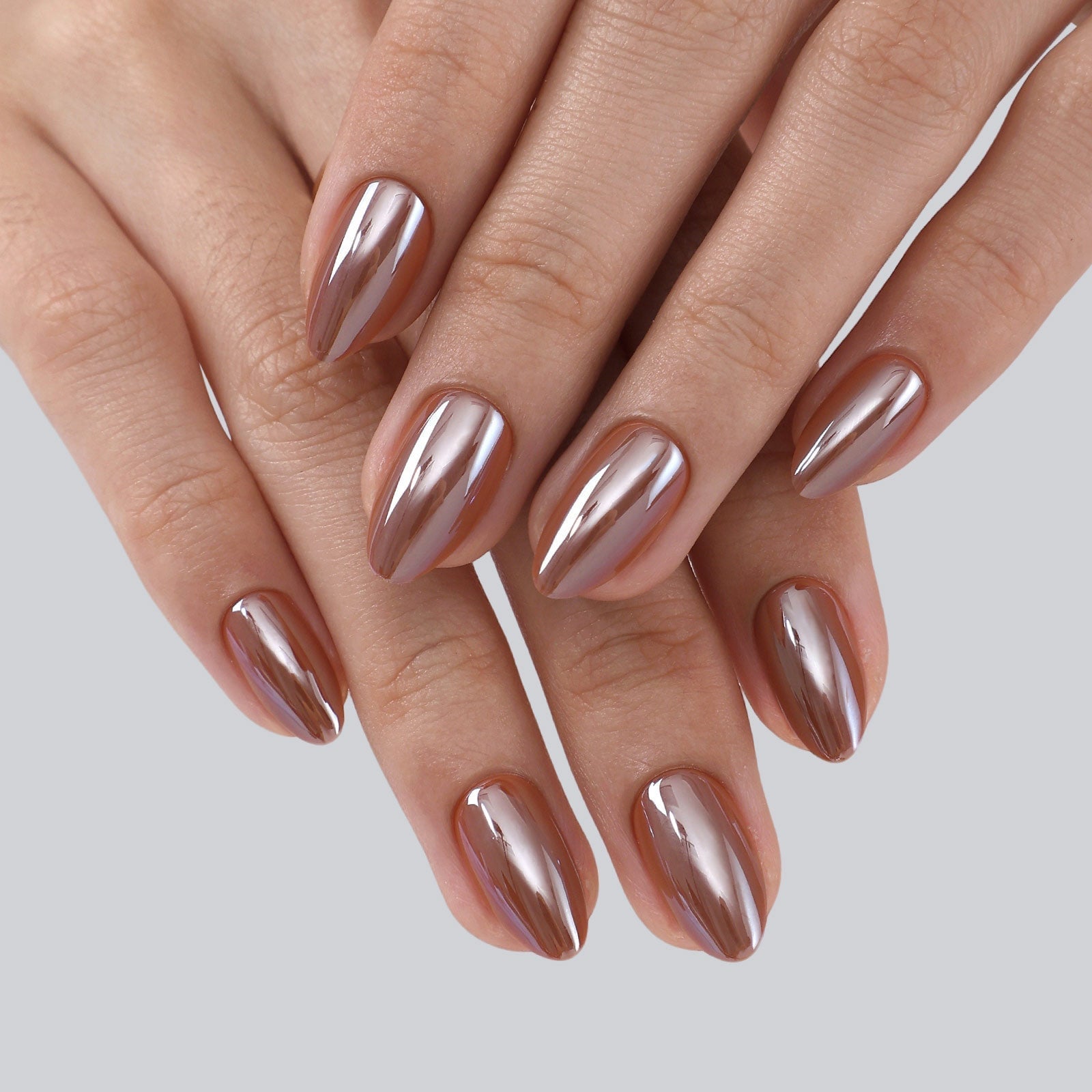 Uniform Medium Brown Chrome Medium Almond Nails — Brown Chrome Nails