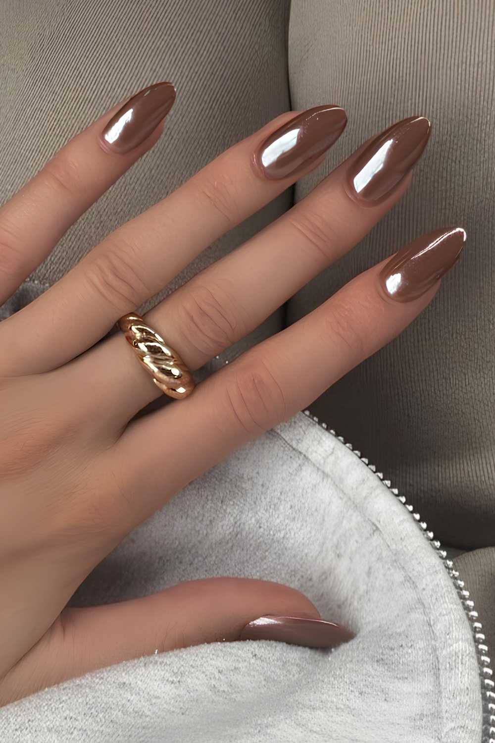 Mirror-Like Brown Chrome Long Almond Nails — Brown Chrome Nails