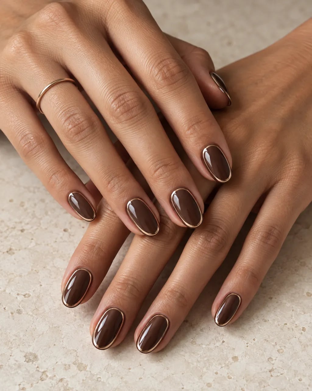 Deep Brown Metallic Line Accent Short Oval Nails — Brown Chrome Nails