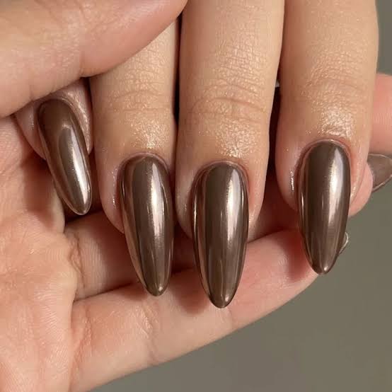 Sleek Medium Brown Chrome Short Almond Nails — Brown Chrome Nails