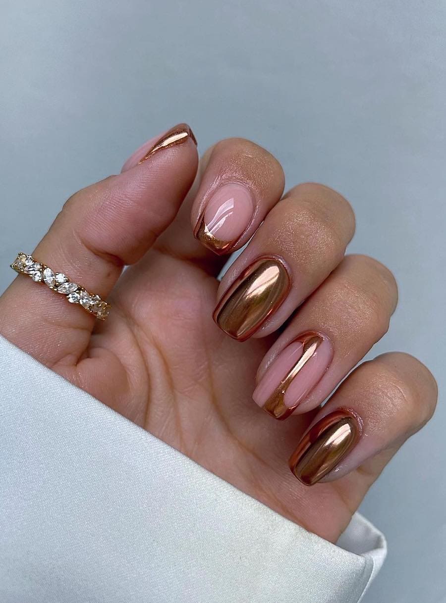 Nude Base Chrome French Tip Short Almond Nails — Brown Chrome Nails