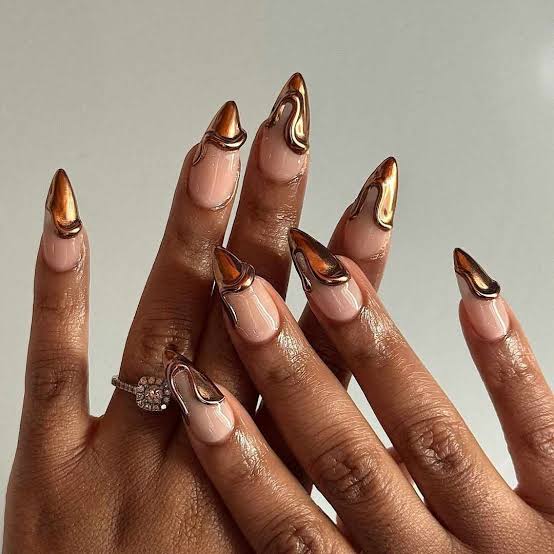 Abstract Brown Gold Chrome Long Stiletto Nails — Brown Chrome Nails