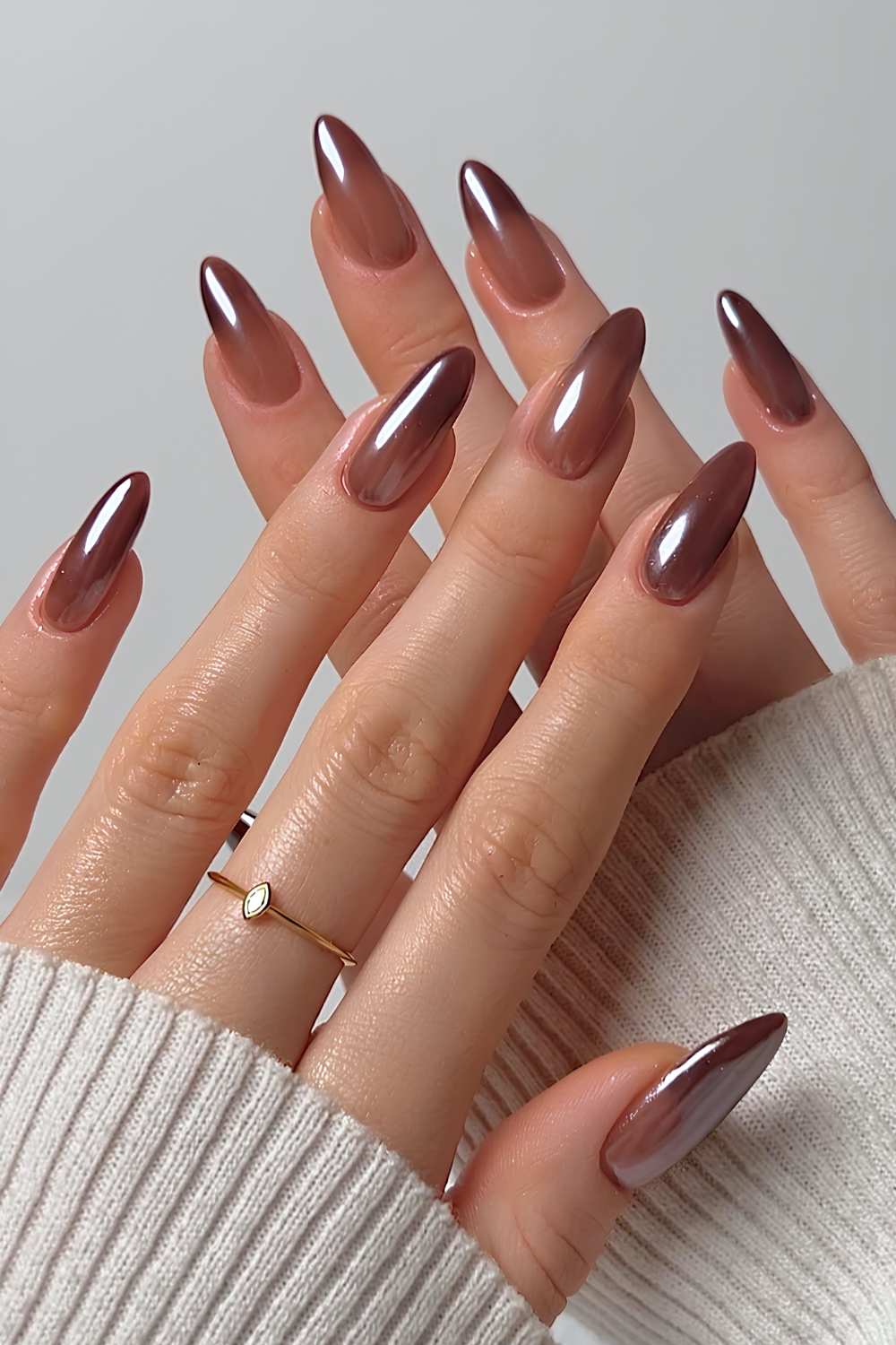 Brown to Nude Chrome Gradient Long Stiletto Nails — Brown Chrome Nails