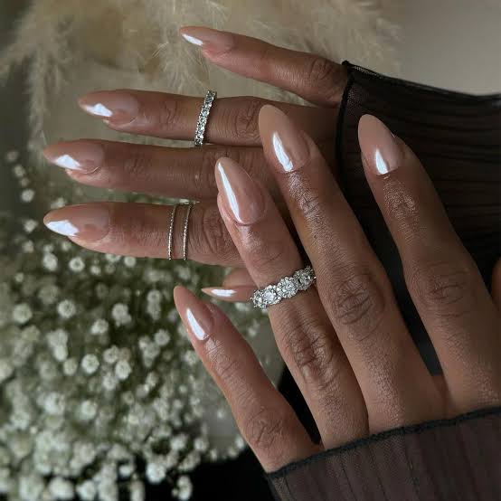 Nude Base Metallic Brown Gold Swirl Long Almond Nails — Brown Chrome Nails