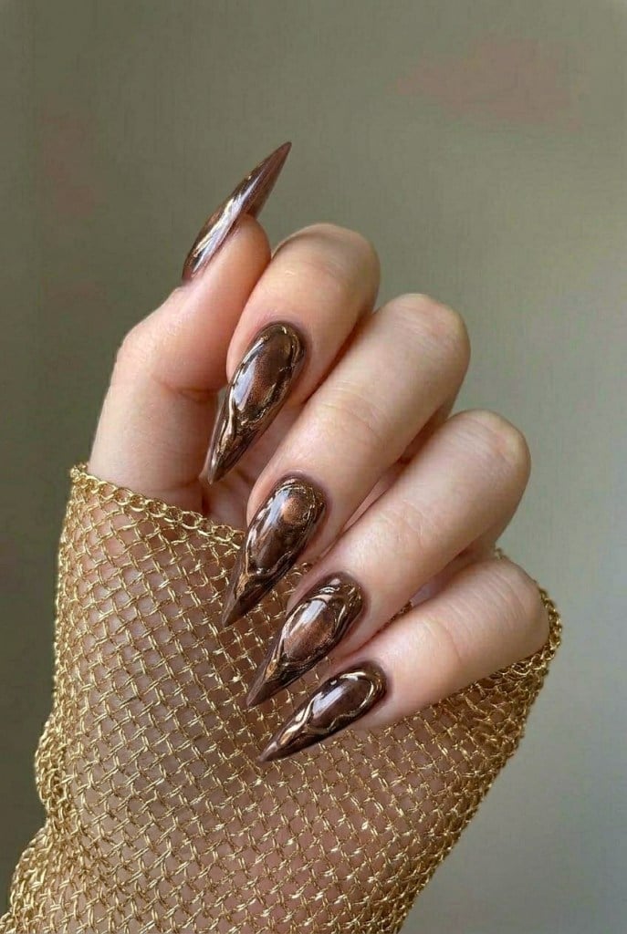Deep Brown Chrome Gold Swirl Long Stiletto Nails — Brown Chrome Nails