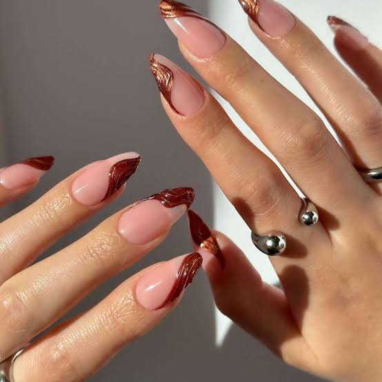 Sheer Pink Base Metallic Brown Copper Swirl Medium Stiletto Nails — Brown Chrome Nails