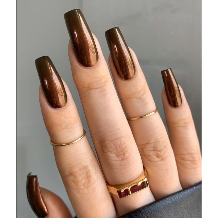 Deep Brown Chrome Long Coffin Nails — Brown Chrome Nails