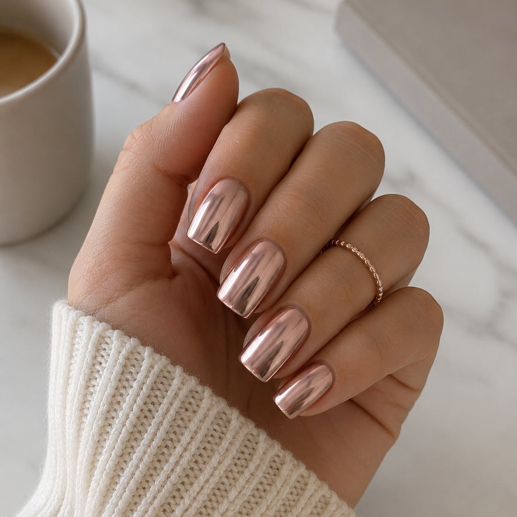 Reflective Rose Gold Chrome Short Square Nails — Brown Chrome Nails