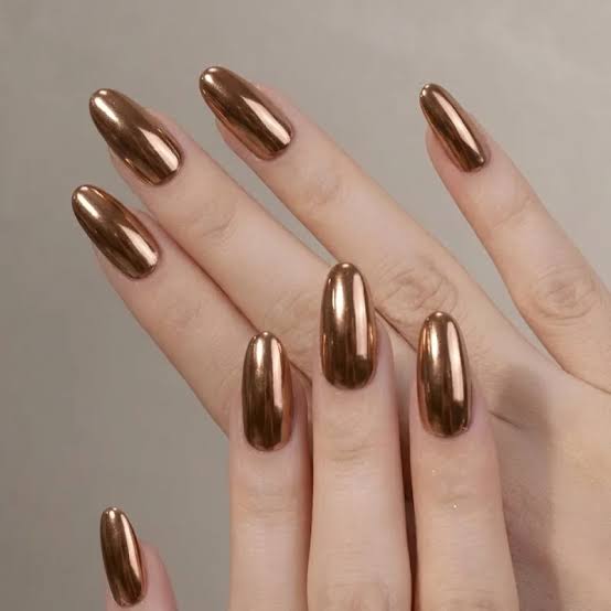 Mirror Bronze Chrome Almond Nails — Brown Chrome Nails