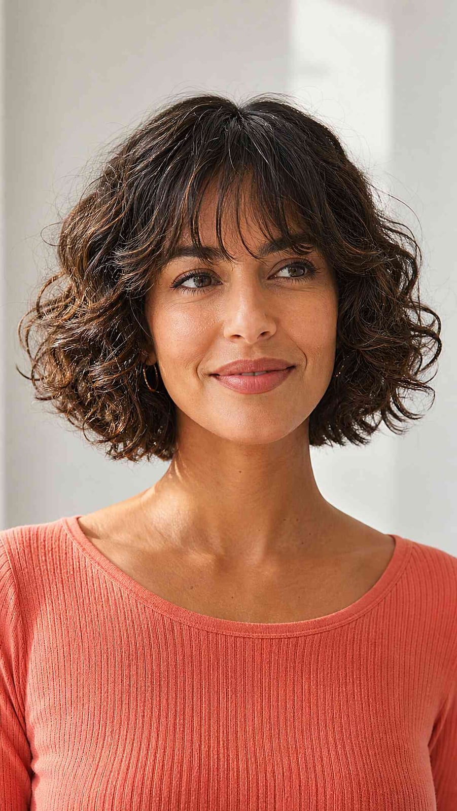 Dark Brown Curly Bob With Curtain Bangs, Chin — Brown Curly Hair