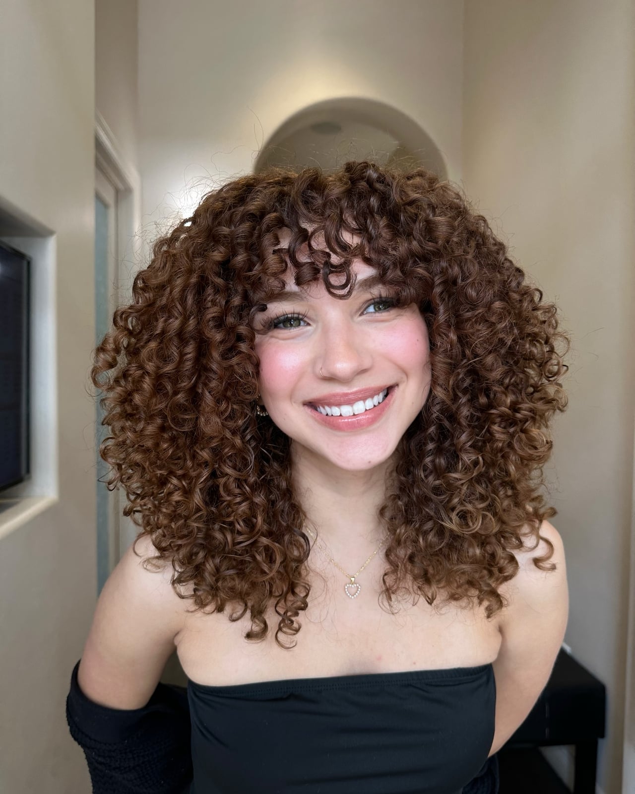 Collarbone Medium Brown Curls With Caramel — Brown Curly Hair