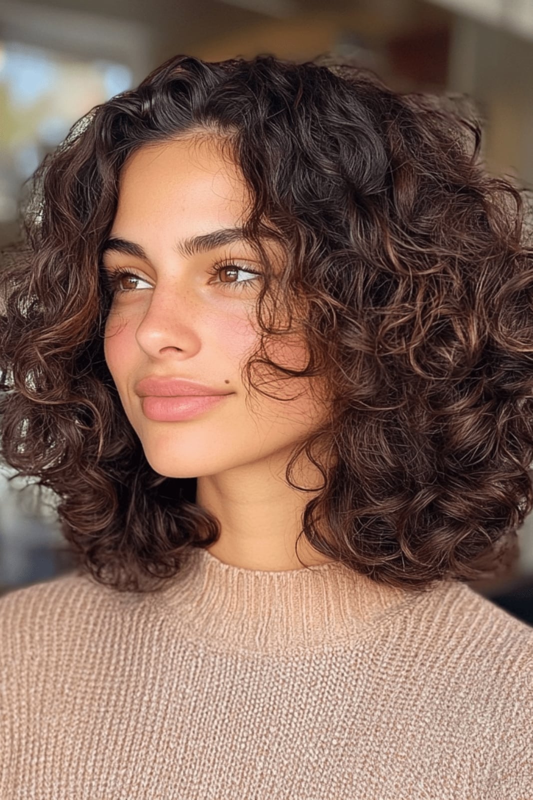Collarbone Dark Brown Wavy Blowout With Curtain Bangs — Brown Curly Hair