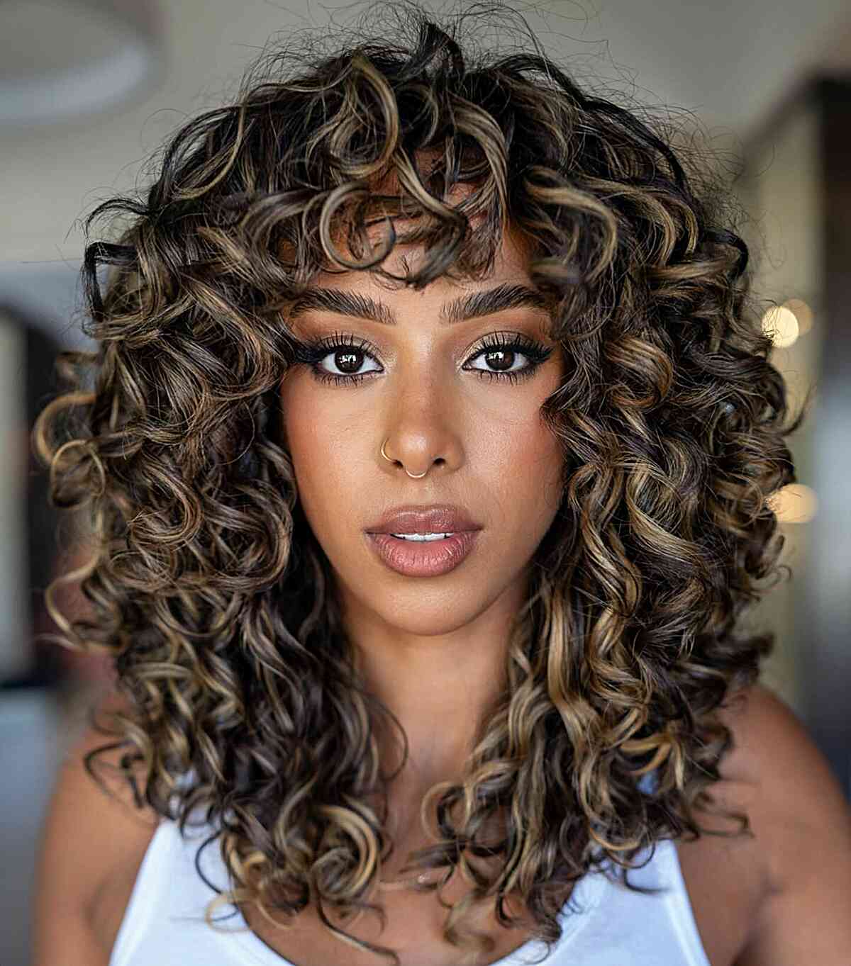Collarbone Dark Brown Curls With Blonde, Side — Brown Curly Hair