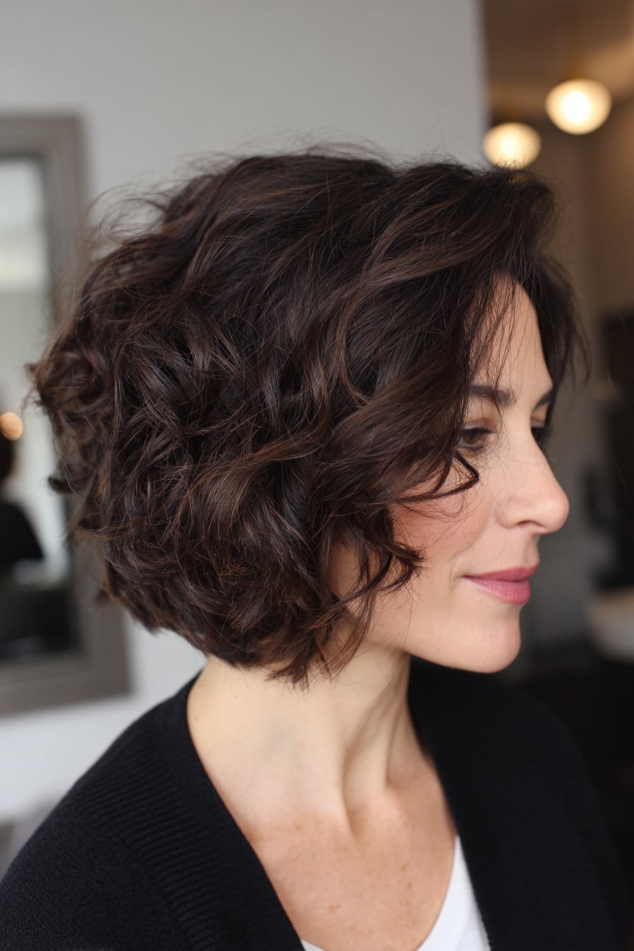 Textured Dark Brown Wavy Bob — Brown Curly Hair