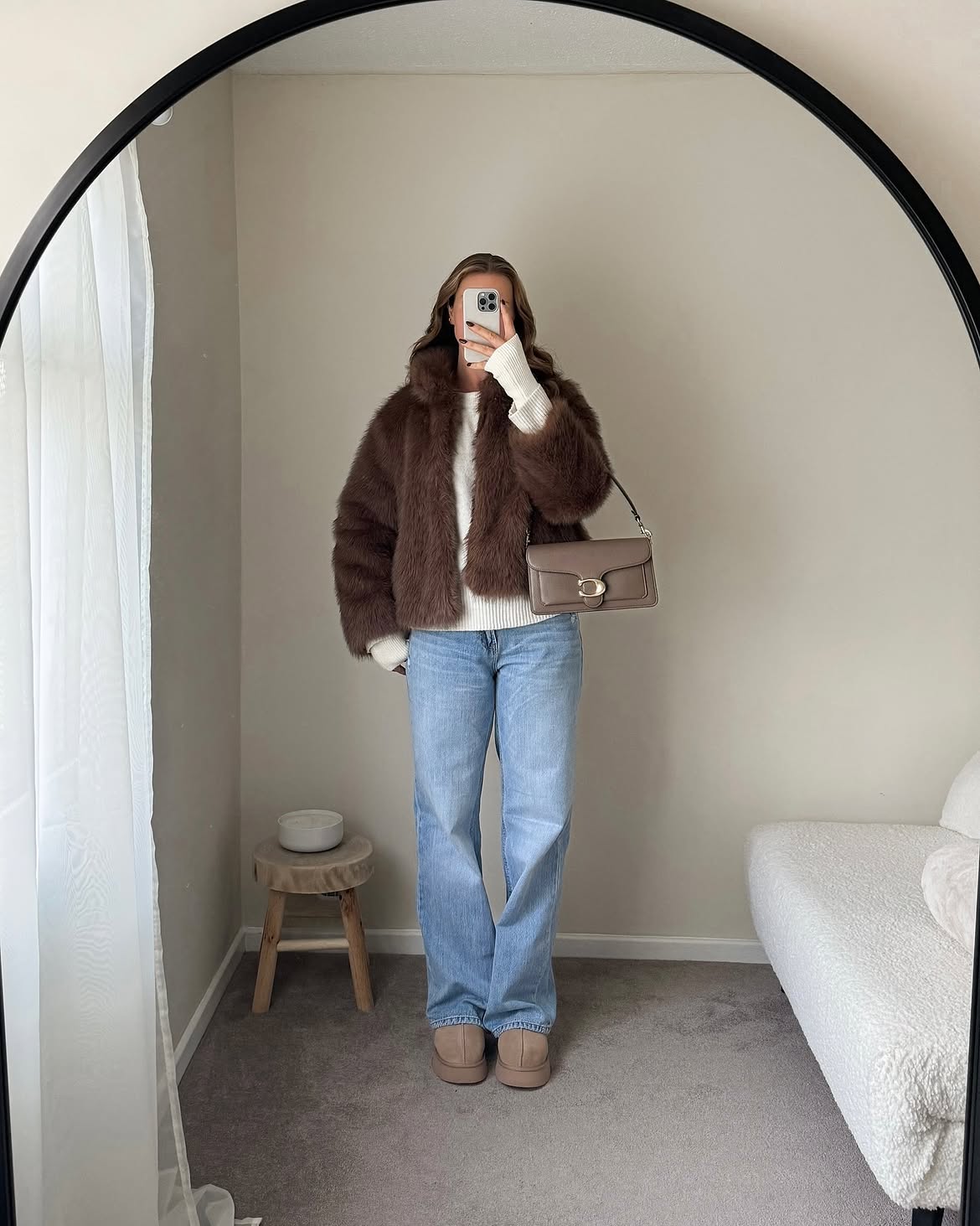 Brown Faux Fur Jacket With Straight Leg Denim And Uggs