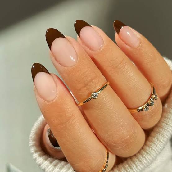 Rich Brown French Tip Medium Almond Nails — Brown French Tip Nails