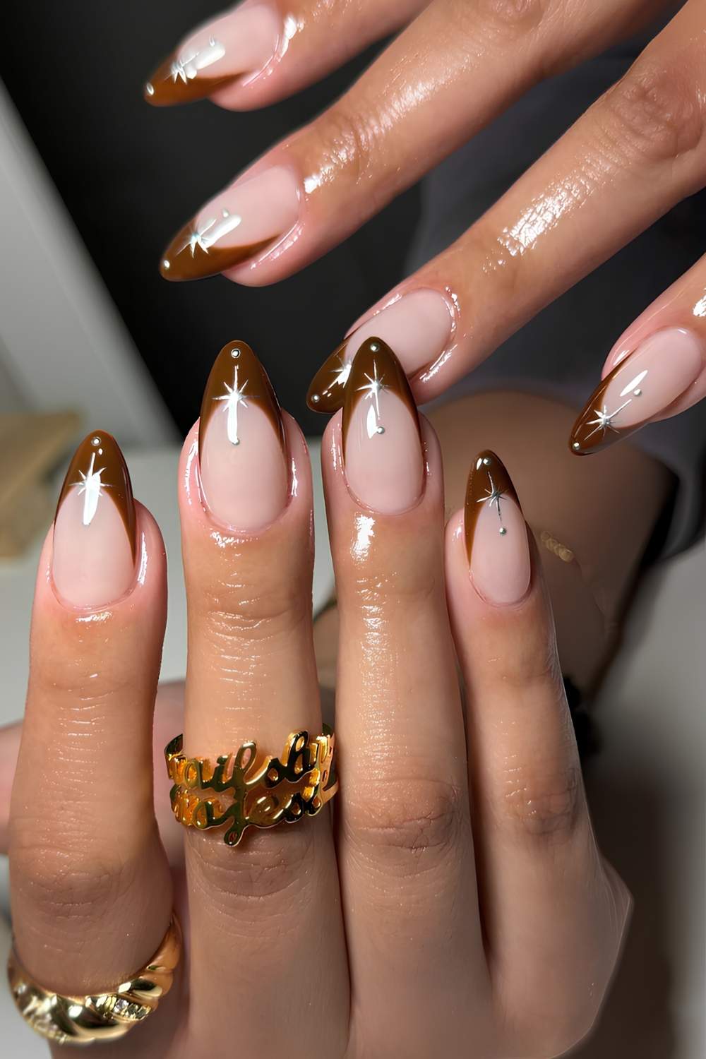 Silver Star Accent Brown French Tip Long Almond Nails — Brown French Tip Nails