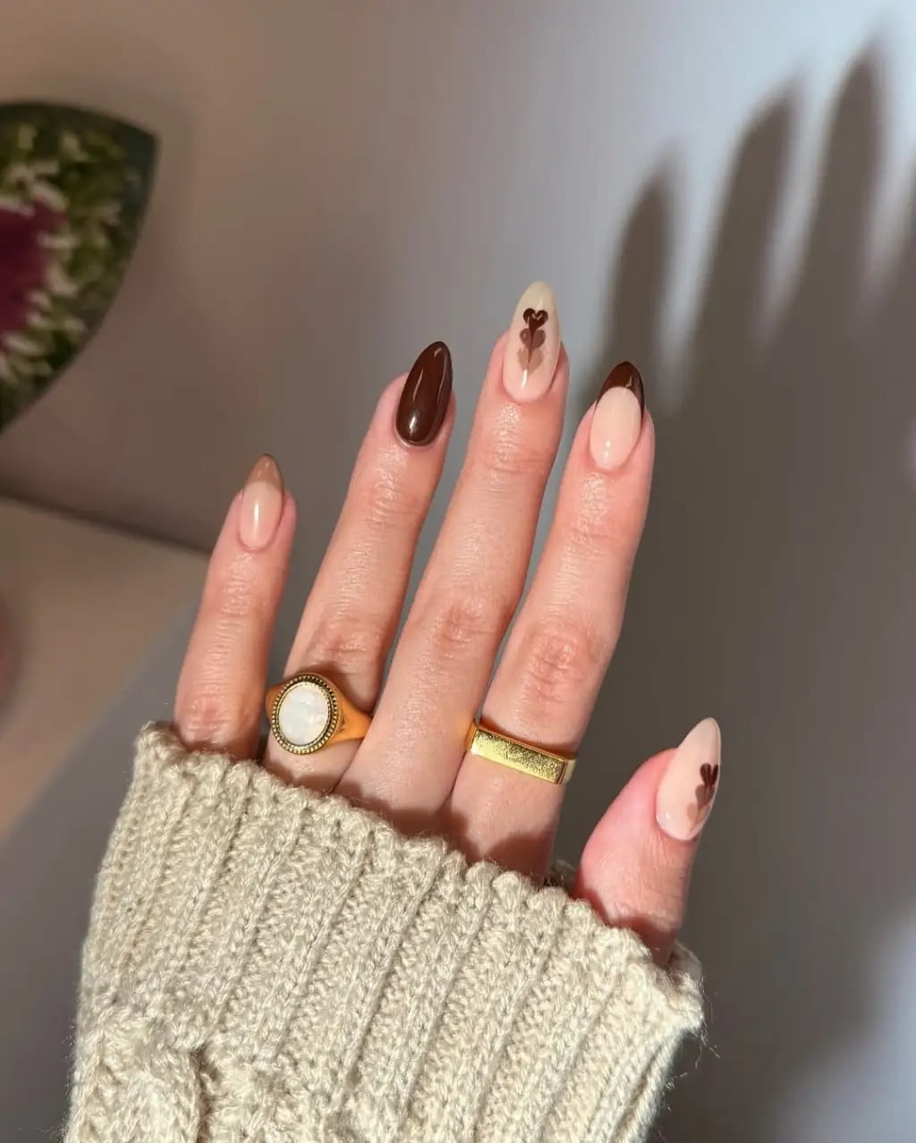 Brown Bear Motif French Tip Medium Almond Nails — Brown French Tip Nails