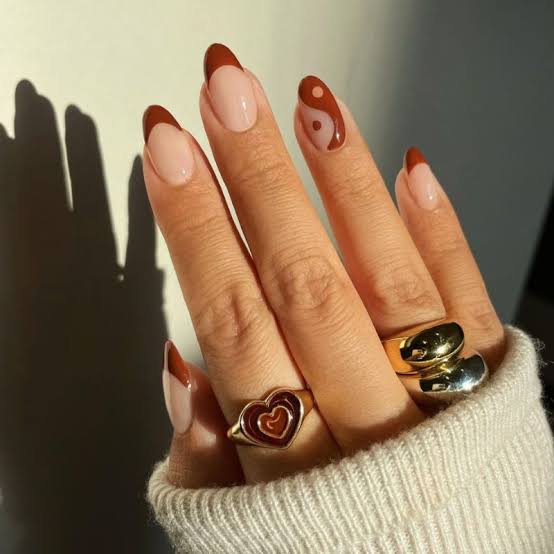 Yin-Yang Heart Accent Dark Brown French Medium Almond Nails — Brown French Tip Nails