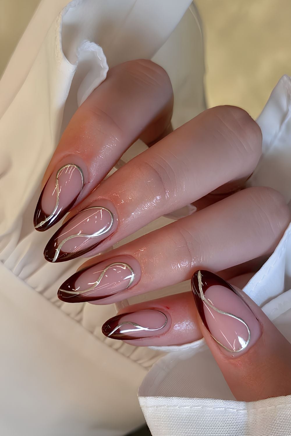 Deep Brown French Tip Medium Almond Nails — Brown French Tip Nails