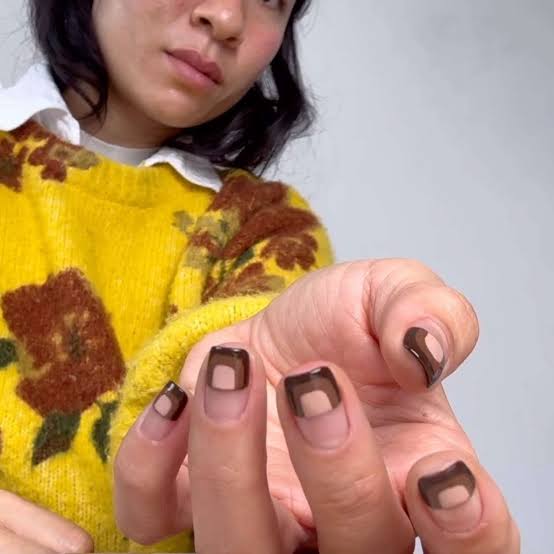 Saturated Brown French Tip Medium Almond Nails — Brown French Tip Nails