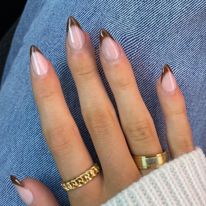 Warm Brown French Tip Medium Almond Nails — Brown French Tip Nails