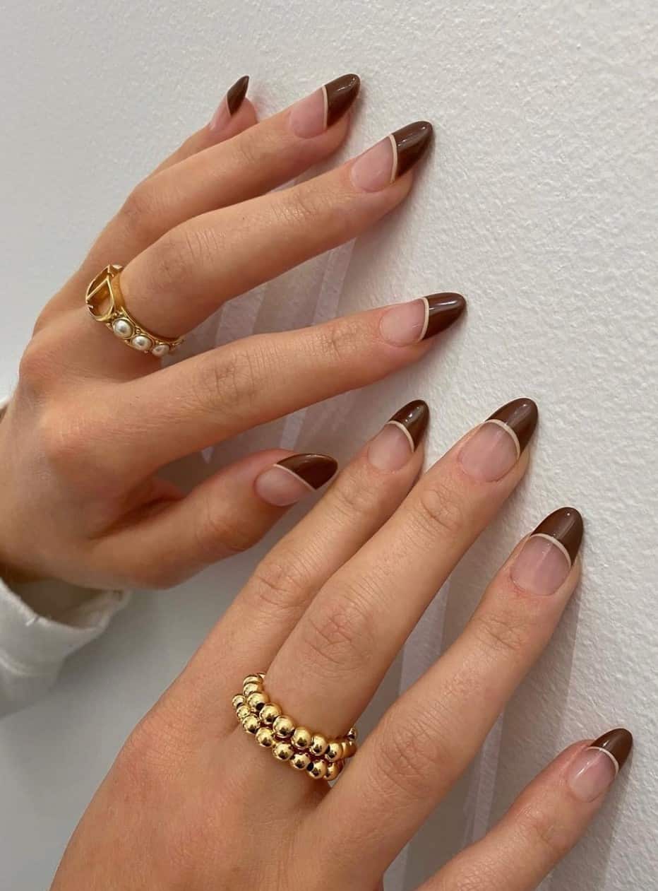 Classic Dark Brown French Tip Short Almond Nails — Brown French Tip Nails