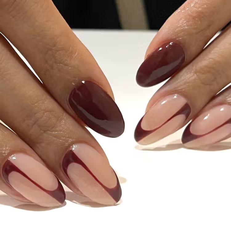 Deep Brown French Tip Medium Oval Nails — Brown French Tip Nails