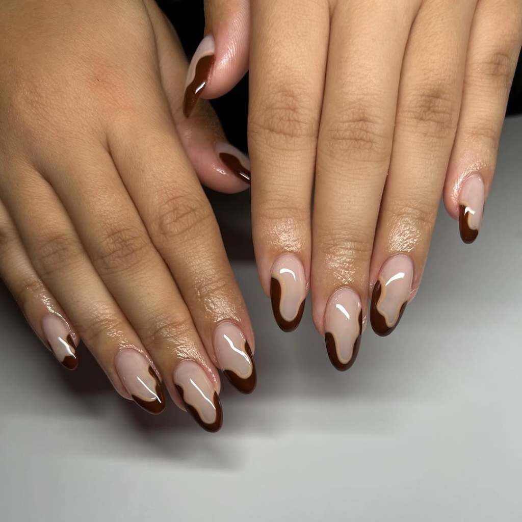 Abstract Brown French Tip Medium Oval Nails — Brown French Tip Nails