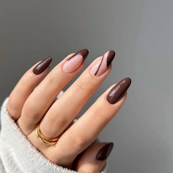 Diagonal Line Brown French Tip Medium Almond Nails — Brown French Tip Nails