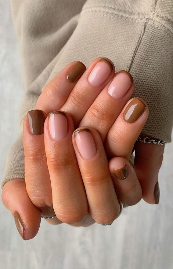 Medium Brown French Tip Short Square Nails — Brown French Tip Nails