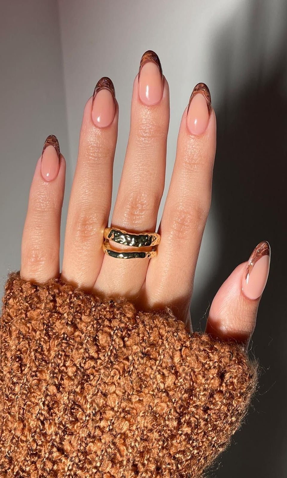 Patterned Brown French Tip Long Almond Nails — Brown French Tip Nails