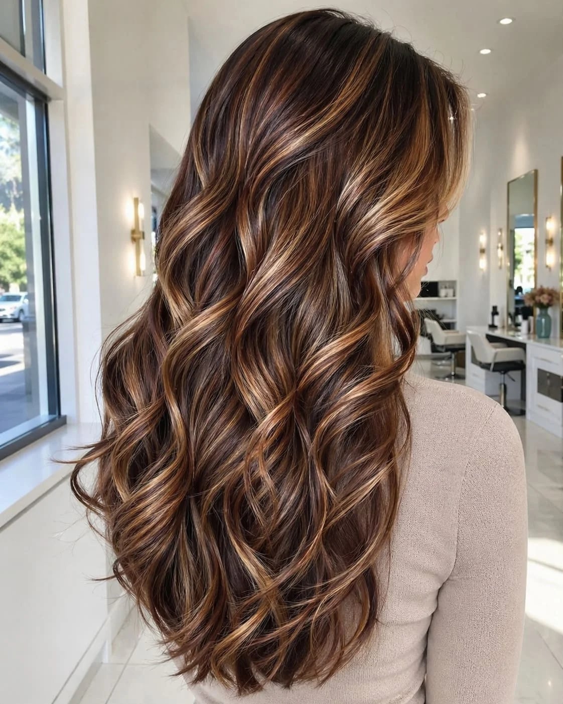 Long Dark Brown With Blonde And Caramel Highlights — Brown Highlights