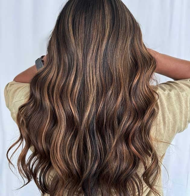 Mid-Back Dark Brown With Lighter Brown Highlights Blend, Wavy
