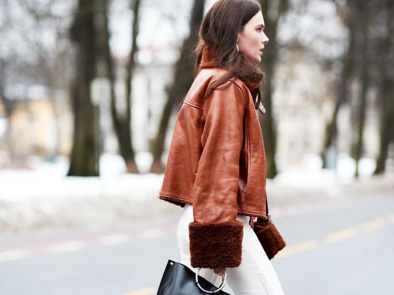 Cropped Brown Leather Jacket with Shearling Trim Cropped Brown Leather Jacket with Shearling Trim — Brown Jacket Outfit