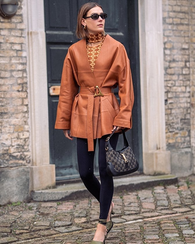 Brown Leather Belted Jacket with Patterned Turtleneck Brown Leather Belted Jacket with Patterned Turtleneck — Brown Jacket Outfit