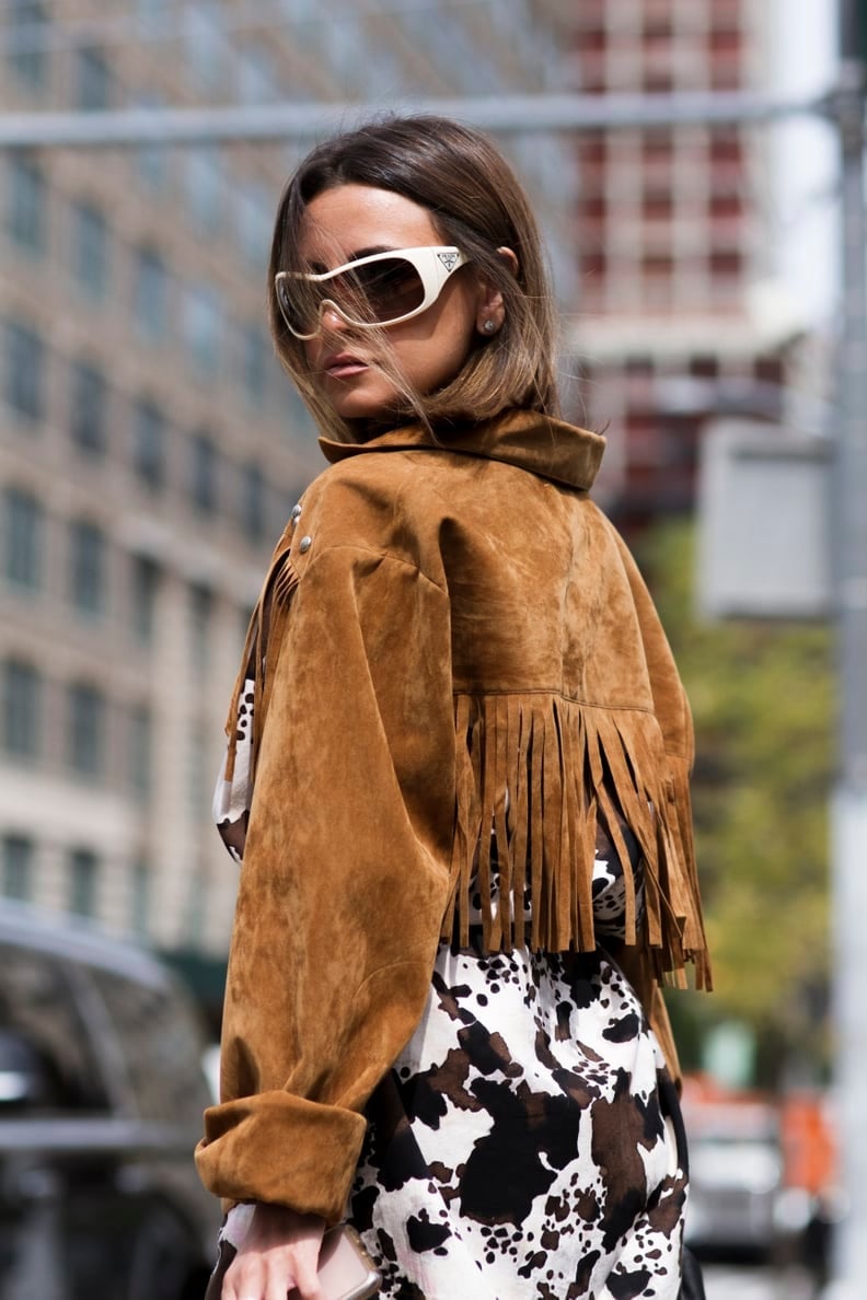 Brown Suede Fringe Jacket with Patterned Top Brown Suede Fringe Jacket with Patterned Top — Brown Jacket Outfit