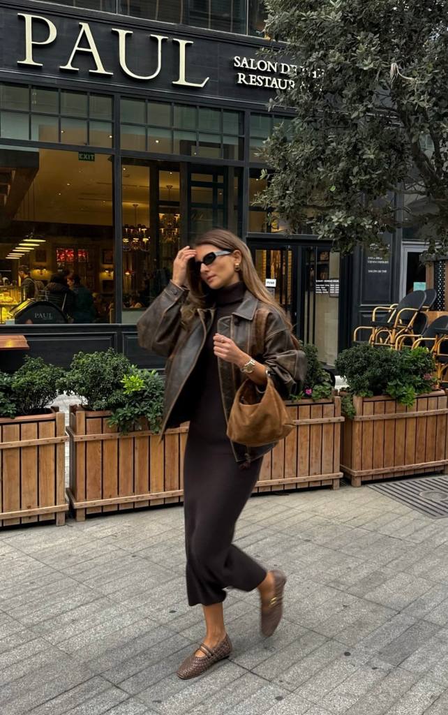 Oversized Distressed Leather Jacket Over a Turtleneck Dress Oversized Distressed Leather Jacket Over a Turtleneck Dress — Brown Jacket Outfit