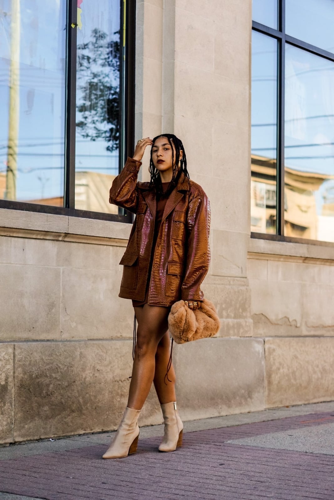 Textured Brown Jacket with Matching Mini Dress and Beige Ankle Boots Textured Brown Jacket with Matching Mini Dress and Beige Ankle Boots — Brown Jacket Outfit